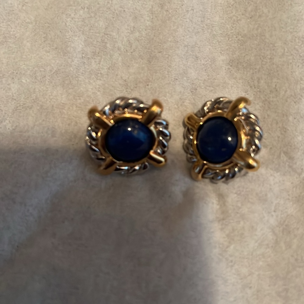Royal Blue round Earrings with Gold Setting and Decorative Border